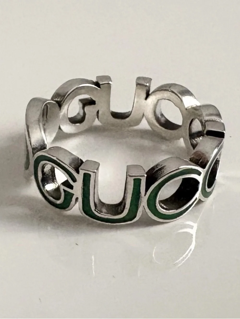 $360 GUCCI 925 Sterling Silver Green GG Chainlink Reversible Ring US 8.75 IT 19